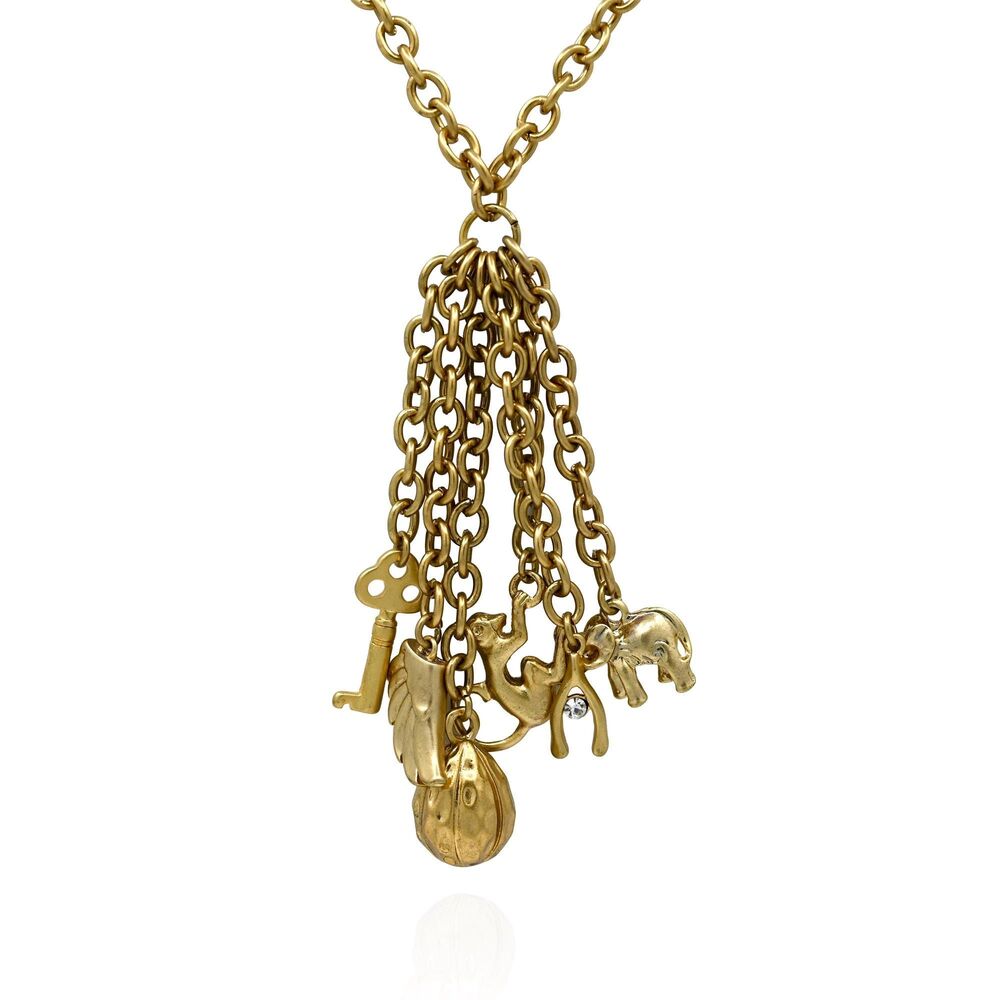 J.Crew Gold Tone Tassel Charm Necklace Key Elephant Monkey Wishbone Rhinestone L